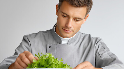 A chef carefully prepares fresh herbs, showcasing his dedication to culinary art and the vibrant flavors of cooking.