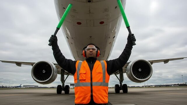 Airport Ground Crew Member Directing Aircraft With Green Wands Under Overcast Sky
