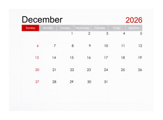 December 2026 monthly calendar page isolated on white background, Saved clipping path.