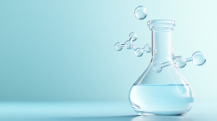 A clear laboratory flask with water and bubbles against a soft blue background, symbolizing research and experimentation in science.