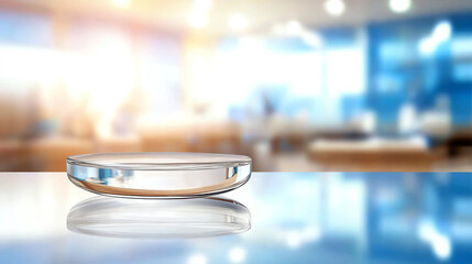 A clear petri dish sits on a reflective surface in a modern laboratory, symbolizing scientific research and experimentation.