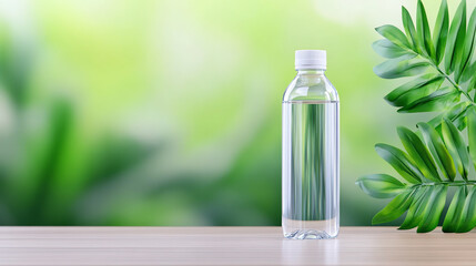 A clear plastic water bottle on a wooden surface with lush green foliage in the background, symbolizing hydration and nature.