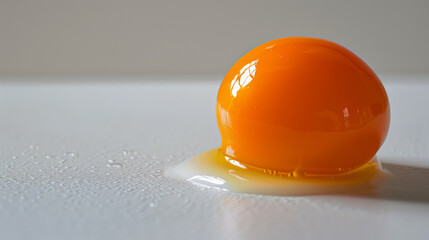 A close-up image showcasing a vibrant egg yolk on a white surface, highlighting its rich color and fresh appeal.