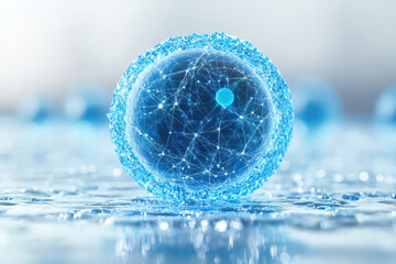 A close-up of a blue scientific cell model with interconnected lines, showcasing the complexity of biological structures.