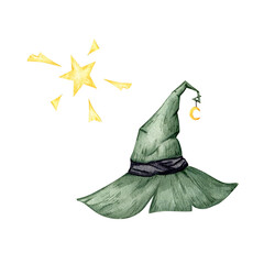 Watercolor witch hat and stars isolated on transparent background for Halloween crafts, magic themes, scrapbooking, kids art, for Halloween decor, party invites, magical design projects