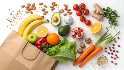 Healthy groceries spilling out of a brown paper shopping bag on a white background