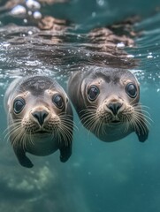 Fototapeta premium Two seals looking at the camera, swimming together under the water's surface.