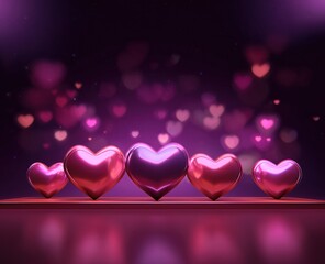 3D Rendering of Shiny Pink Heart Decorations on a Platform with a Purple Heart Bokeh Background