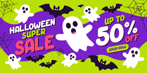 Halloween Sale poster template with ghost. Halloween Promotion sale banner design. Halloween Sale concept. Halloween promotion poster. Halloween spooky night. Halloween discount background. Vector