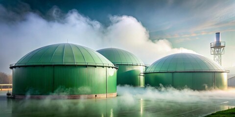 Obraz premium Three Green Domed Biogas Digesters at a Renewable Energy Plant Generating Sustainable Power and Reducing Carbon Emissions