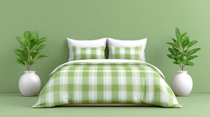 Stylish eco-friendly bedroom with handwoven textiles and green accents indoor space modern design top-down view