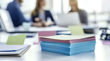 A close-up of colorful sticky notes and papers on a desk, with people collaborating in the background during a team meeting.