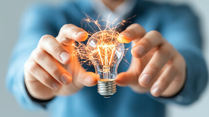 A close-up of hands holding a glowing light bulb emitting sparks, symbolizing innovation and bright ideas.