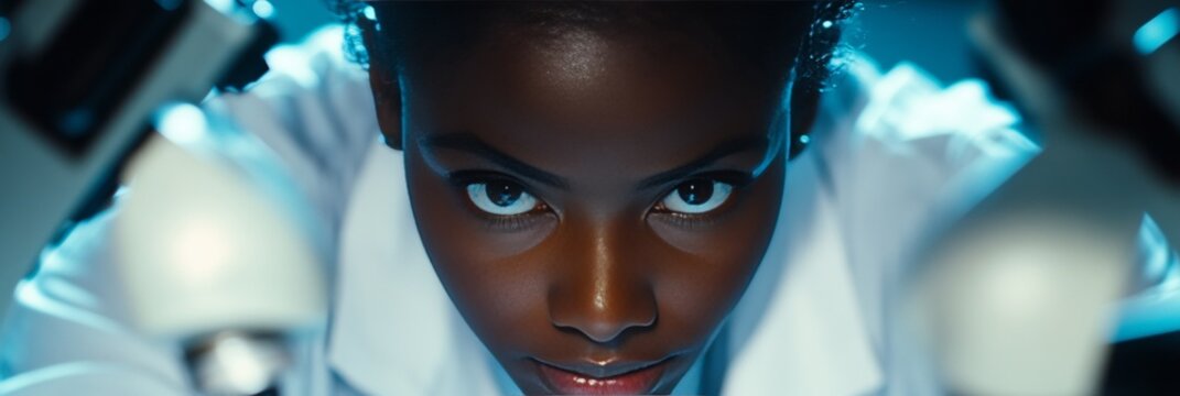 Woman with intense gaze, set against a background of advanced science and tech. - Powered by Adobe