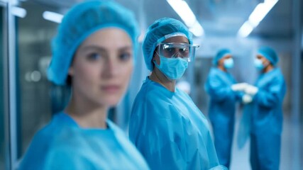 Confident female medical professional in blue scrubs and cap. Ideal for healthcare representation, medical expertise, and pandemic response themes. - Powered by Adobe