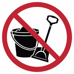 No sand symbol with bucket and shovel, a ban on using sand toys in designated areas for recreation. No sand symbol, prohibiting the use of sand toys and maintaining cleanliness and safety,