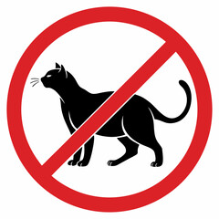 No cats allowed symbol showing prohibition of pets in certain area. Prohibition of cats sign illustrates domestic animal ban with bold red circle and slash.