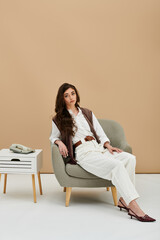 Effortlessly chic young woman posing in stylish outfit in a tranquil studio setting