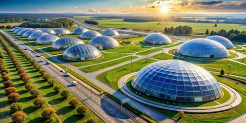 Aerial View of a Modern Architectural Complex Featuring Numerous Glass Domes and a Winding Road at Sunset