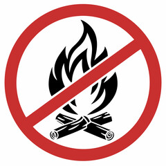 Fire ban symbol on white, no open flame warning illustrated within red circle, prohibiting fire. Prohibited fire prevents damage, risk.
