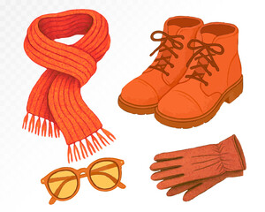 Red scarf, autumn boots, gloves and eyeglasses hand-painted in watercolor style, creating a stylish fall outfit in warm orange and red hues. Vector illustration.