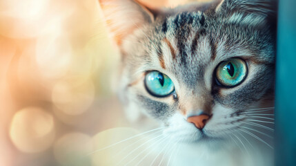 A close-up portrait of a curious cat with striking blue eyes, capturing its playful personality and soft fur in a dreamy setting.