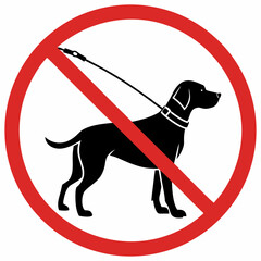 Prohibition sign, no dogs allowed shows dog symbol in red circle with a line. Prohibition sign about restricted entry to public space featuring animal with leash and collar.