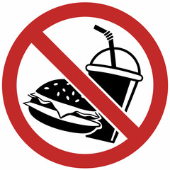 No food or drink forbidden sign, showcasing burger and drink in prohibiting manner. Prohibition symbol shows a concept of unhealthy eating choices, including junk food and sugary drink.