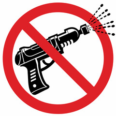 Prohibited water gun sign with black toy weapon crossed out by red circle. Prohibited water gun for concepts about bans and security.