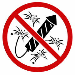 No fireworks illustration with a firework rocket and sparklers inside red circle. Firework ban with danger concept, explosion of pyrotechnics is dangerous.
