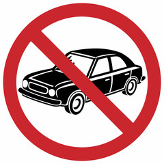 No cars allowed symbol showing vehicle inside red crossed circle. Traffic prohibition symbol is for areas banning automobile transit. Use no cars allowed symbol for promoting pedestrian zones,