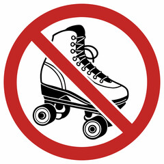 No roller skating depicted with a vintage skate inside prohibition sign. Prohibition sign shows no roller skating at a location.