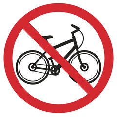 No bicycles allowed sign with red circle and black bicycle silhouette. Warning no bicycles allowed, which is a safety symbol prohibiting cycling.