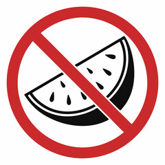 No watermelon slice shown as an illustration, with prohibition sign around fruit in black and red. No watermelon for diet or health reasons, forbidden watermelon as concept image, warning sign.