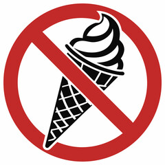 No ice cream displayed with cone in a prohibition sign and red circle, illustrating forbidden treat. This no ice cream symbol, a restricted delight,