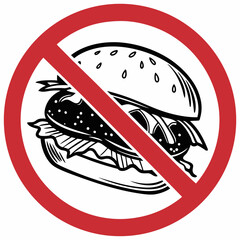 No burger served here: burger with line through it. Round prohibition sign with no burger shown. Stop burger icon for healthy diet or allergies, this no burger image is good for diet awareness.