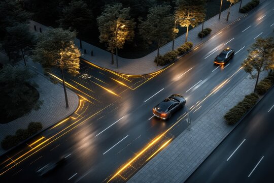 POV of an autonomous car drone driving through a smart city road with glowing AR road signs, soft lighting.