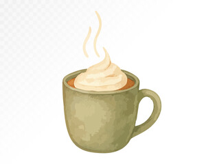 Green ceramic mug filled with latte and creamy foam, hand-painted in soft watercolor style with gentle textures and subtle warm autumn tones. Vector illustration.