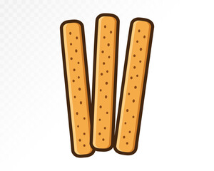 Сrispy golden breadsticks with sesame topping, hand-painted in watercolor style, shown upright with simple background and minimal detail. Vector illustration.