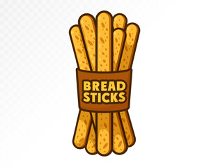 Bundle of golden crispy breadsticks with sesame seeds in packaging labeled “bread sticks,” painted in fun cartoon watercolor style with simple clean design. Vector illustration.