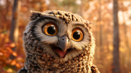 Naklejka premium A friendly owl with a smile on its face and large kind eyes, a small owl explorer. 