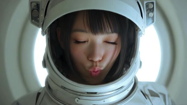 A beautiful astronaut woman in a sleek futuristic suit and helmet blows a cute kiss toward the camera capturing a playful space moment.