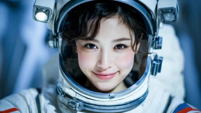 A beautiful astronaut woman in a sleek futuristic suit and helmet blows a cute kiss toward the camera capturing a playful space moment.