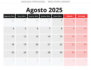 August PORTUGUESE monthly calendar for 2025 year. Vector illustration stylish design for Portugal