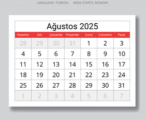 Page of Turkish calendar for august 2025. Vector illustration month for Turkey