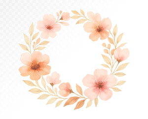 Watercolor floral frame with pastel pink flowers and delicate leaves arranged in a circular wreath shape for wedding invitations and decorative design. Vector illustration.