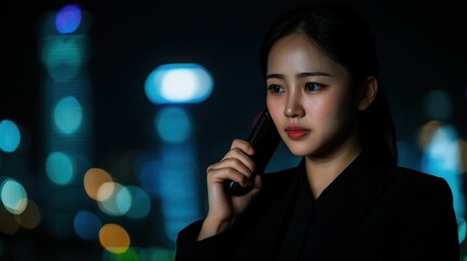 Obraz premium Amazing Opportunities Concept. Young Businesswoman in Dark Suit Making Phone Call with City Lights in Background