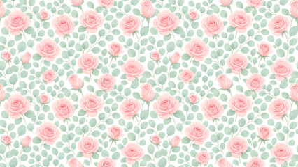 Watercolor floral seamless pink rose pattern, gentle green leaves, and vintage botanical design for backgrounds, cards, and invitations. Vector illustration.