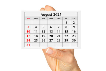 Page of the annual monthly calendar august 2025 in hand. Isolated on transparent png