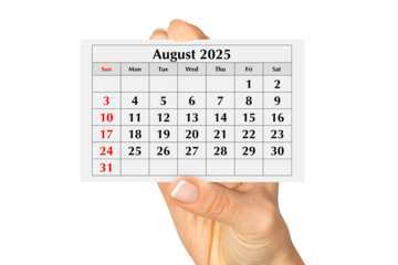 Page of the annual monthly calendar august 2025 in hand. Isolated on transparent png